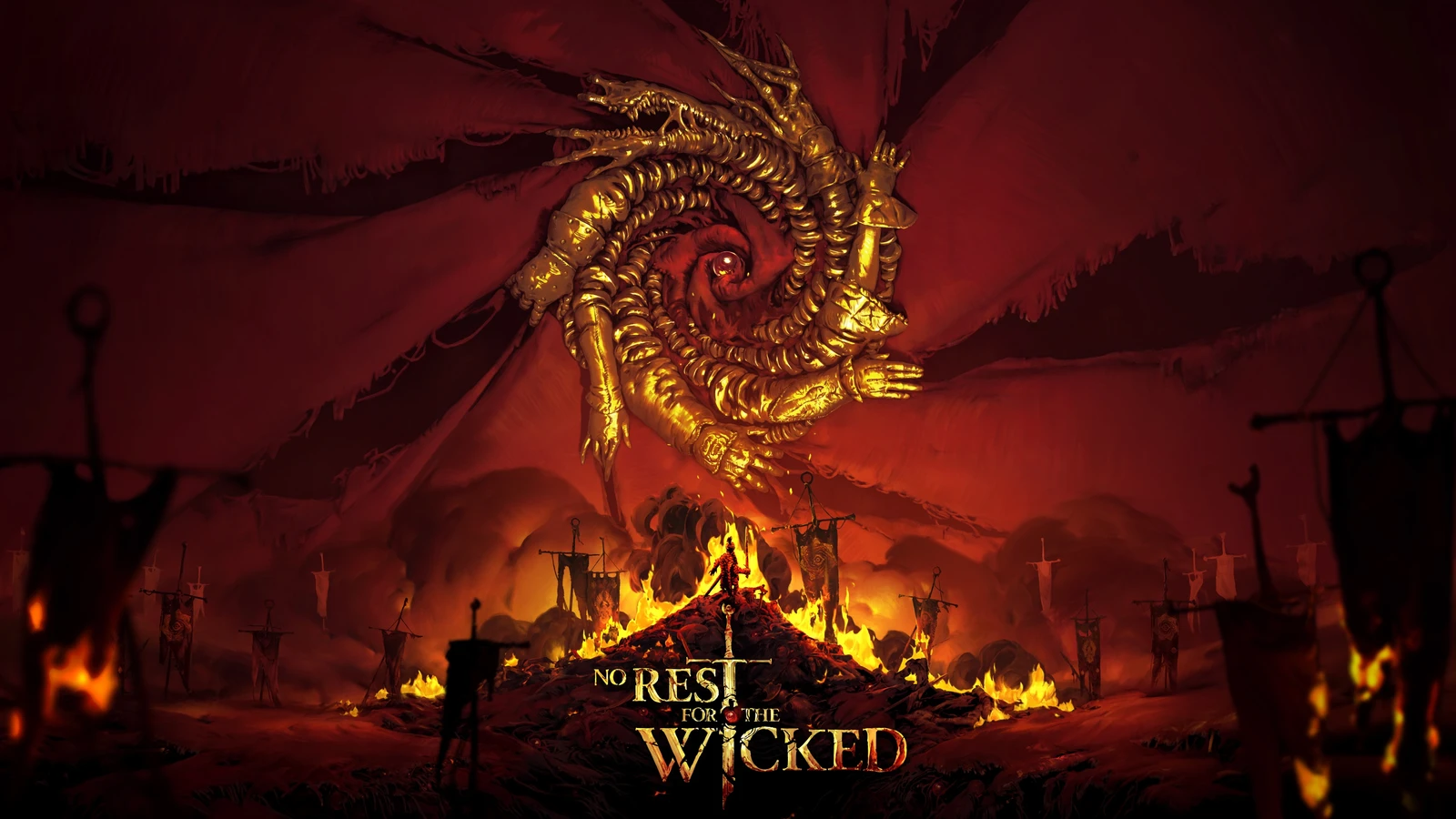 Official No Rest for the Wicked key art with a warrior beneath a spiral of golden arms and the game's title.