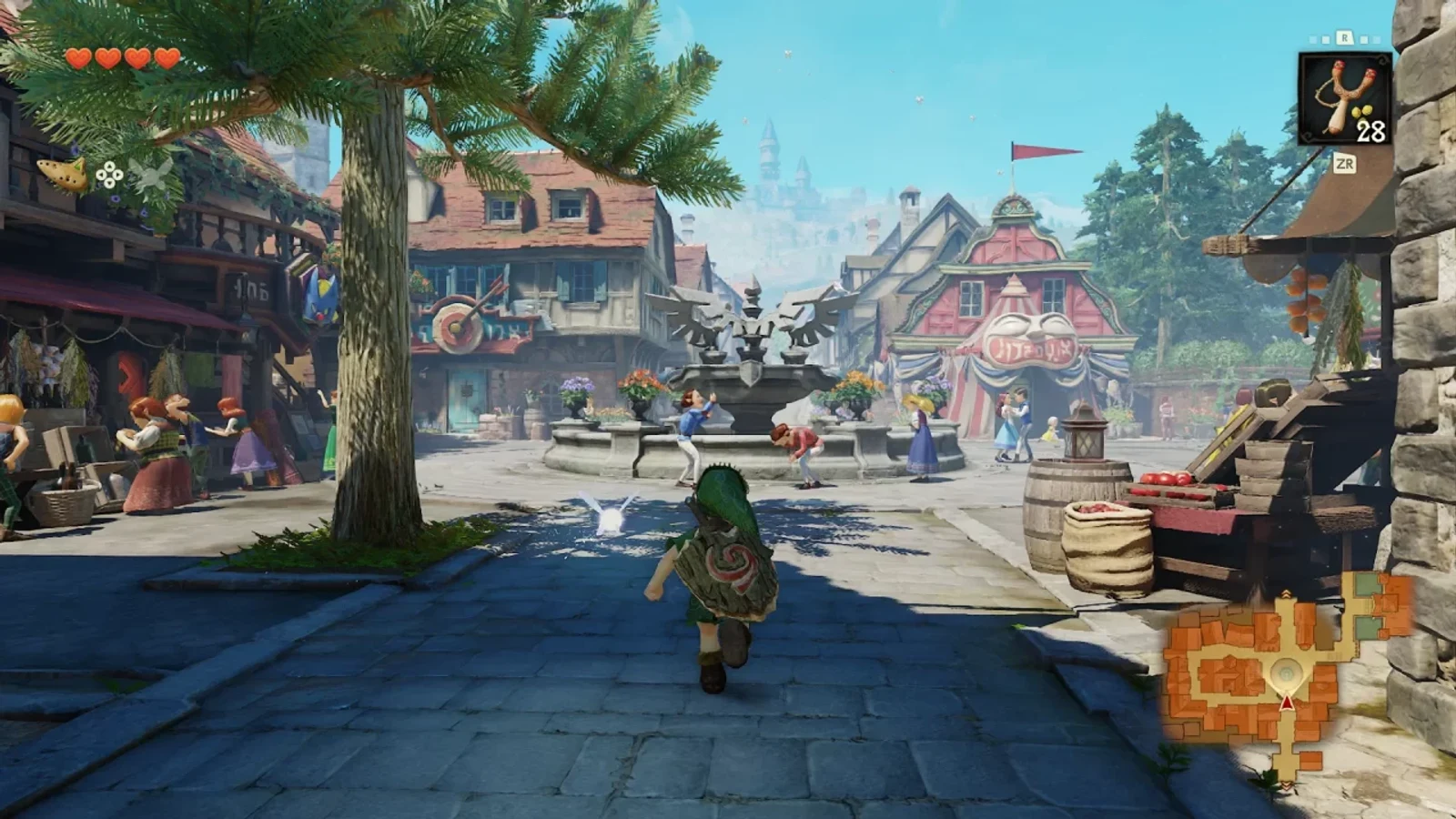Link running through Hyrule Castle Town's market square in the Ocarina of Time remake, with a fountain and shops visible.