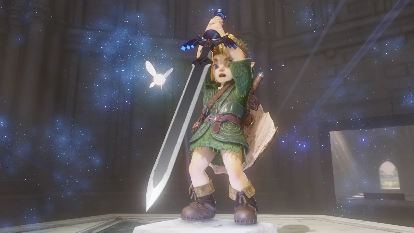 Nintendo Link raising the Master Sword on a lit pedestal inside the Temple of Time in the Ocarina of Time remake.