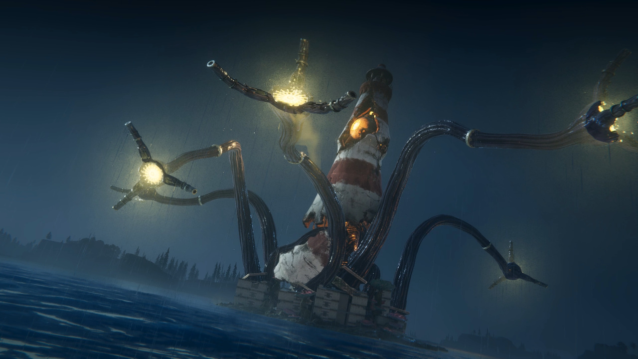A mutated lighthouse with glowing mechanical arms rises above the sea in Once Human: Isles of Abyss.