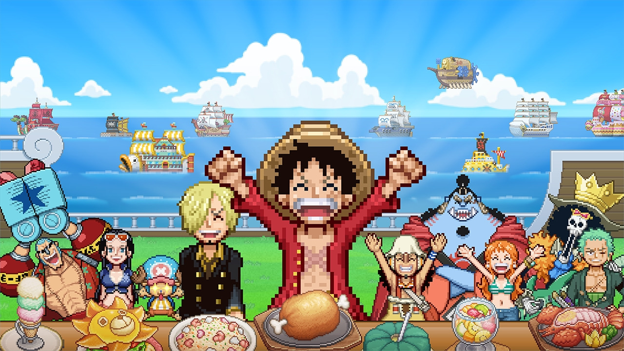 Pixel-art Luffy and the Straw Hat crew celebrate around plates of food aboard a restaurant ship in One Piece: Grand Gourmet.