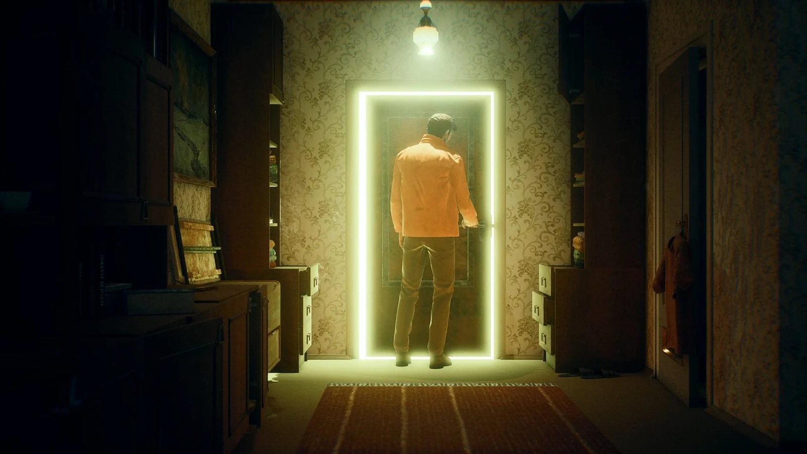 A man standing before a glowing doorway in a dimly lit apartment in Onyx: The Dark Grip.