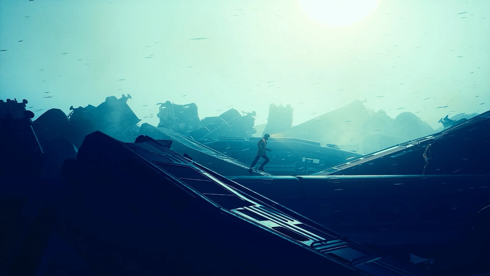 A silhouetted figure running across wreckage-strewn rooftops under a hazy sky in Onyx: The Dark Grip.