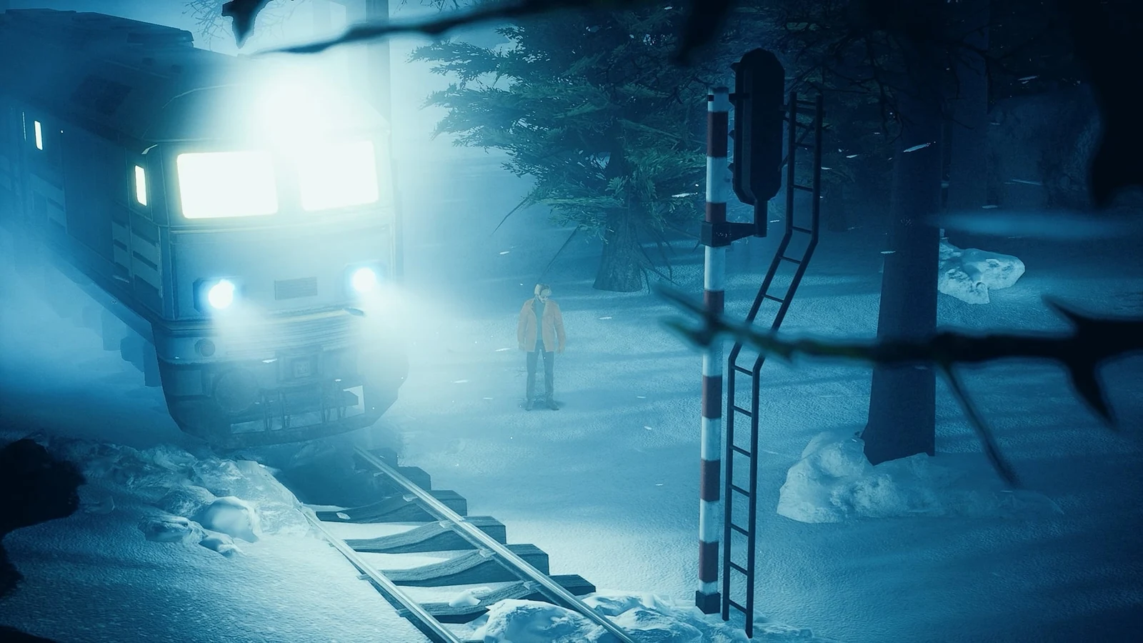 A man walking toward an oncoming train on snow-covered tracks at night in Onyx: The Dark Grip.