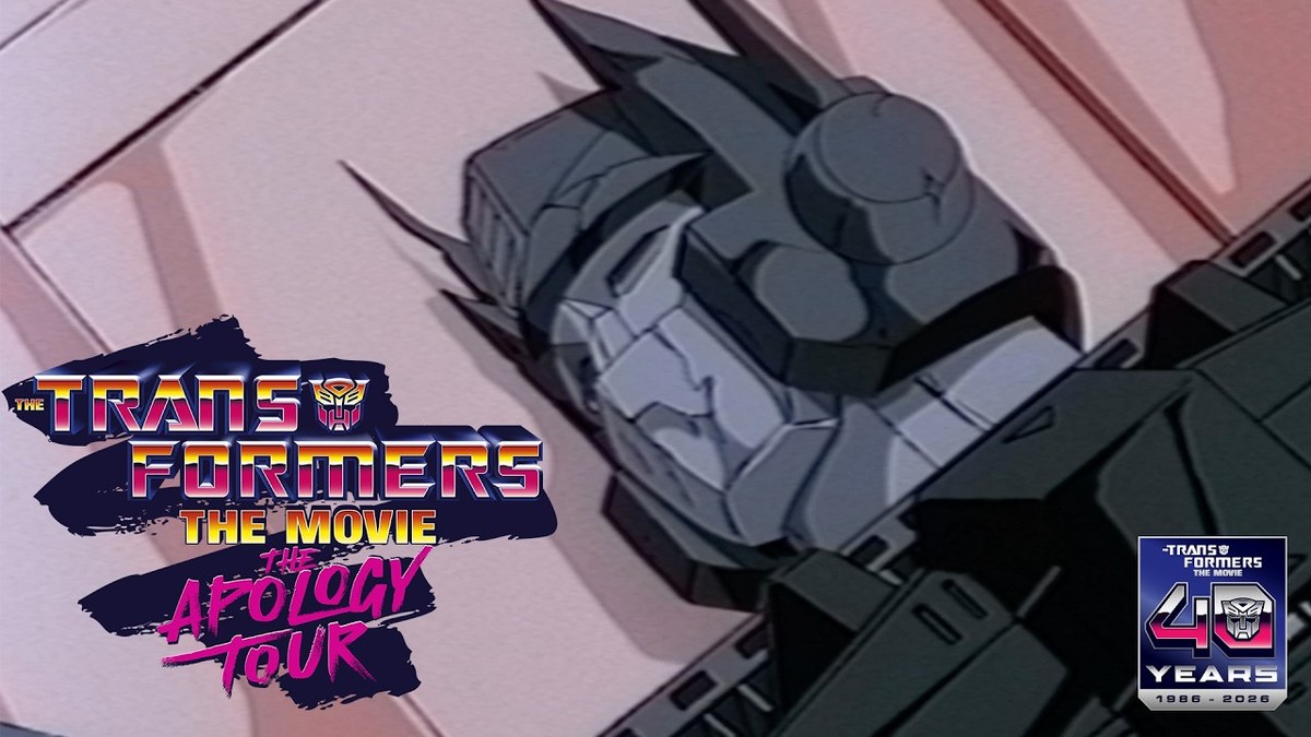 Official 40th-anniversary badge and title card for The Transformers: The Movie's 'Apology Tour' theatrical campaign.