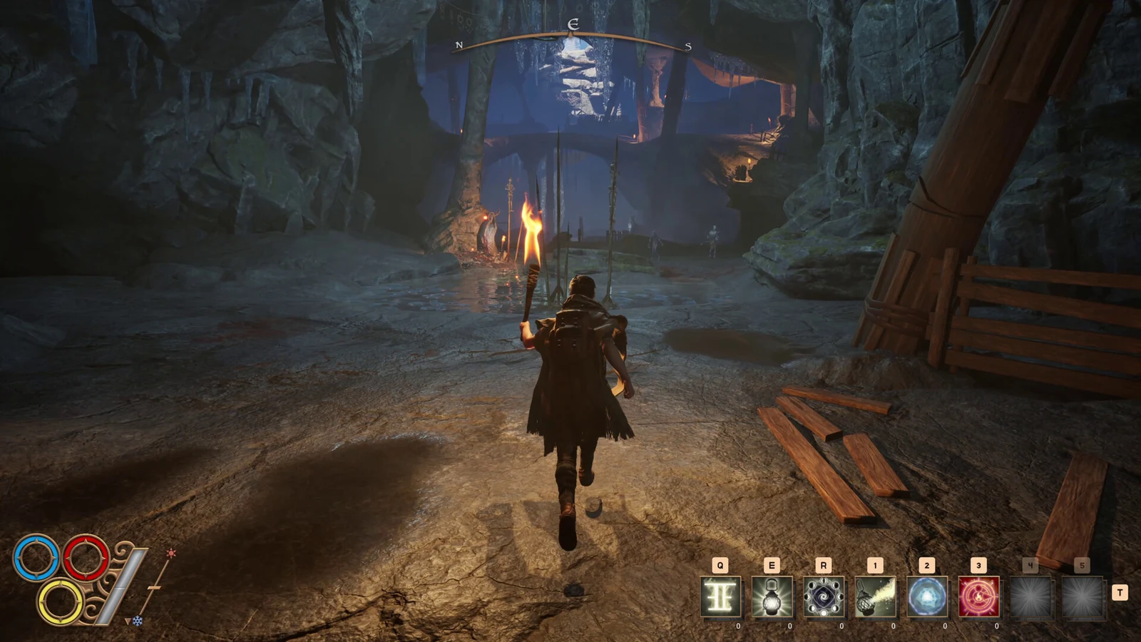 Outward 2 screenshot showing an adventurer carrying a torch through a stone passage