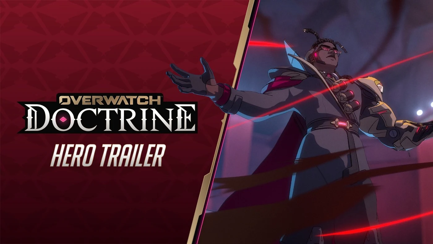 Official title card for Overwatch's Doctrine hero trailer, showing Doctrine surrounded by red lifeforce-drain lines.