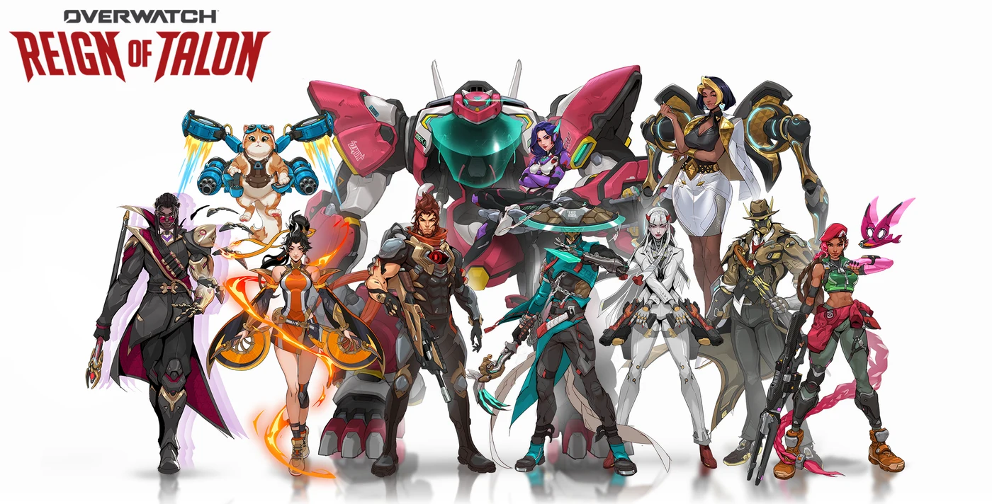 Official key art for Overwatch: Reign of Talon showing the full Talon hero lineup, including Doctrine.