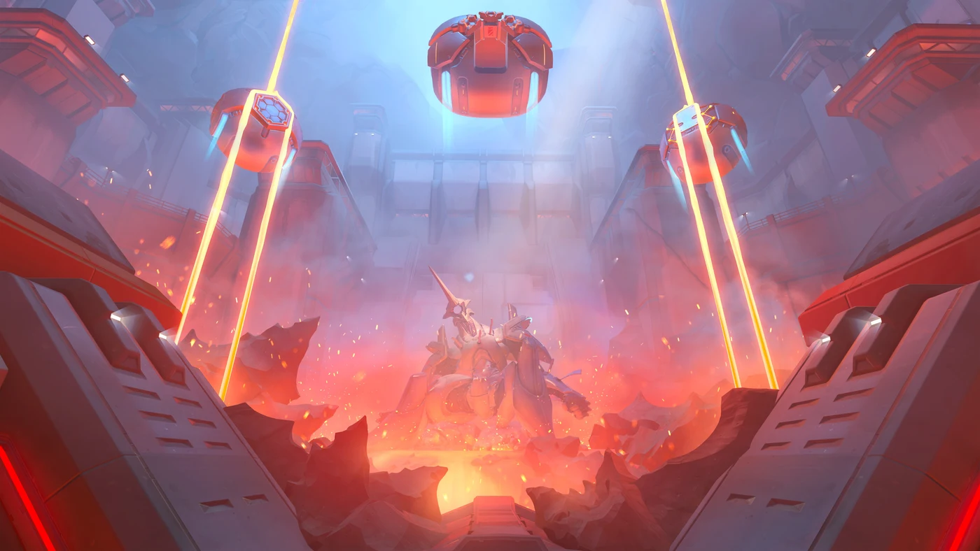 Official screenshot of Watchpoint: Grímsvötn, showing a fiery prison courtyard with a hovering escort payload and an armored figure.