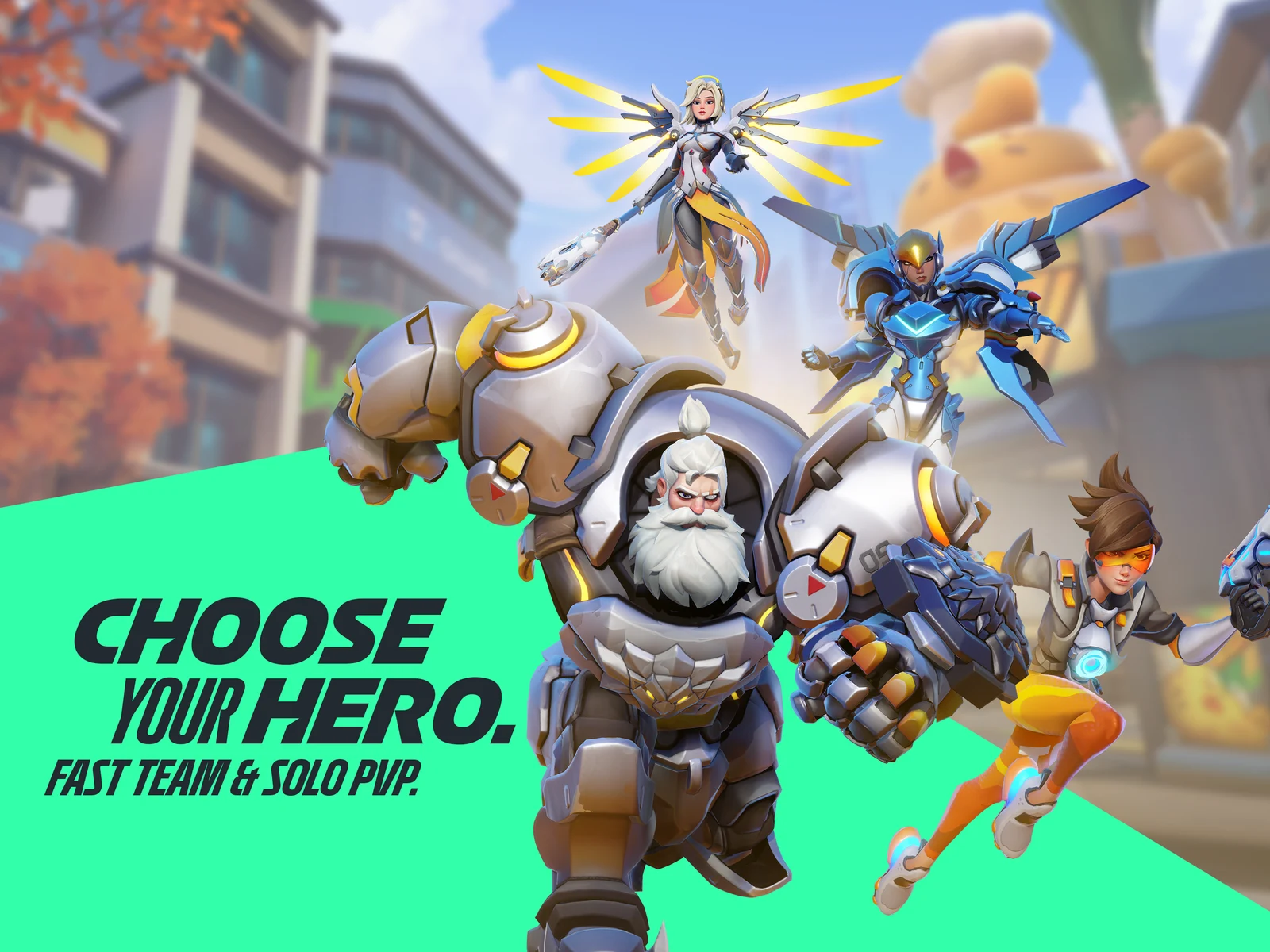 Official Overwatch Rush App Store promotional art showing Mercy, Winston, Reinhardt and Tracer with the text 'Choose Your Hero. Fast Team & Solo PvP.'