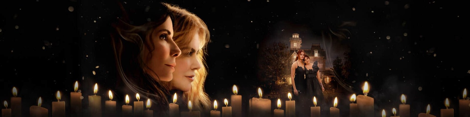 Official Practical Magic 2 key art showing the younger generation of the Owens family outside the family house, alongside Sally and Gillian.