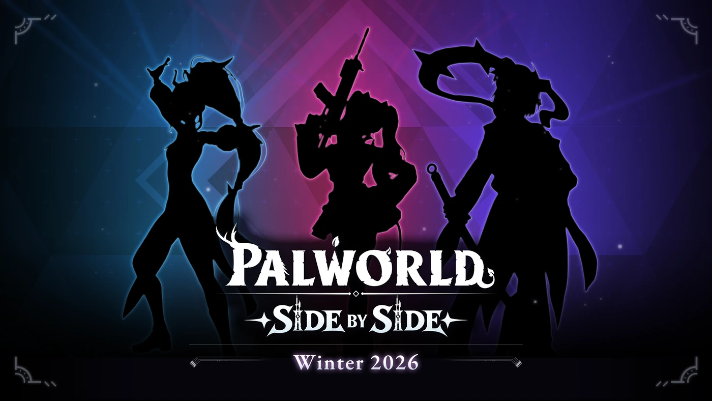 Official Palworld: Side by Side teaser showing three dark character silhouettes, the update logo and Winter 2026 text.