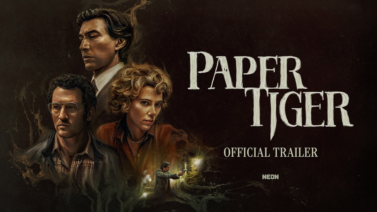 Adam Driver, Miles Teller and Scarlett Johansson in illustrated artwork for the Paper Tiger official trailer