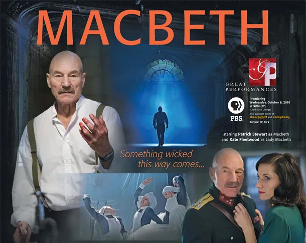 Promotional art for PBS's Macbeth featuring Patrick Stewart and Kate Fleetwood.