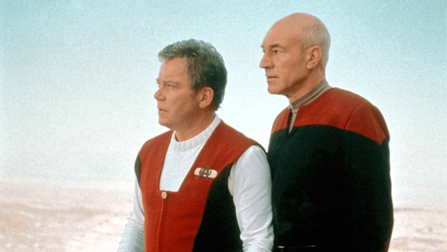 William Shatner as Kirk and Patrick Stewart as Picard in promotional artwork for Star Trek Generations.