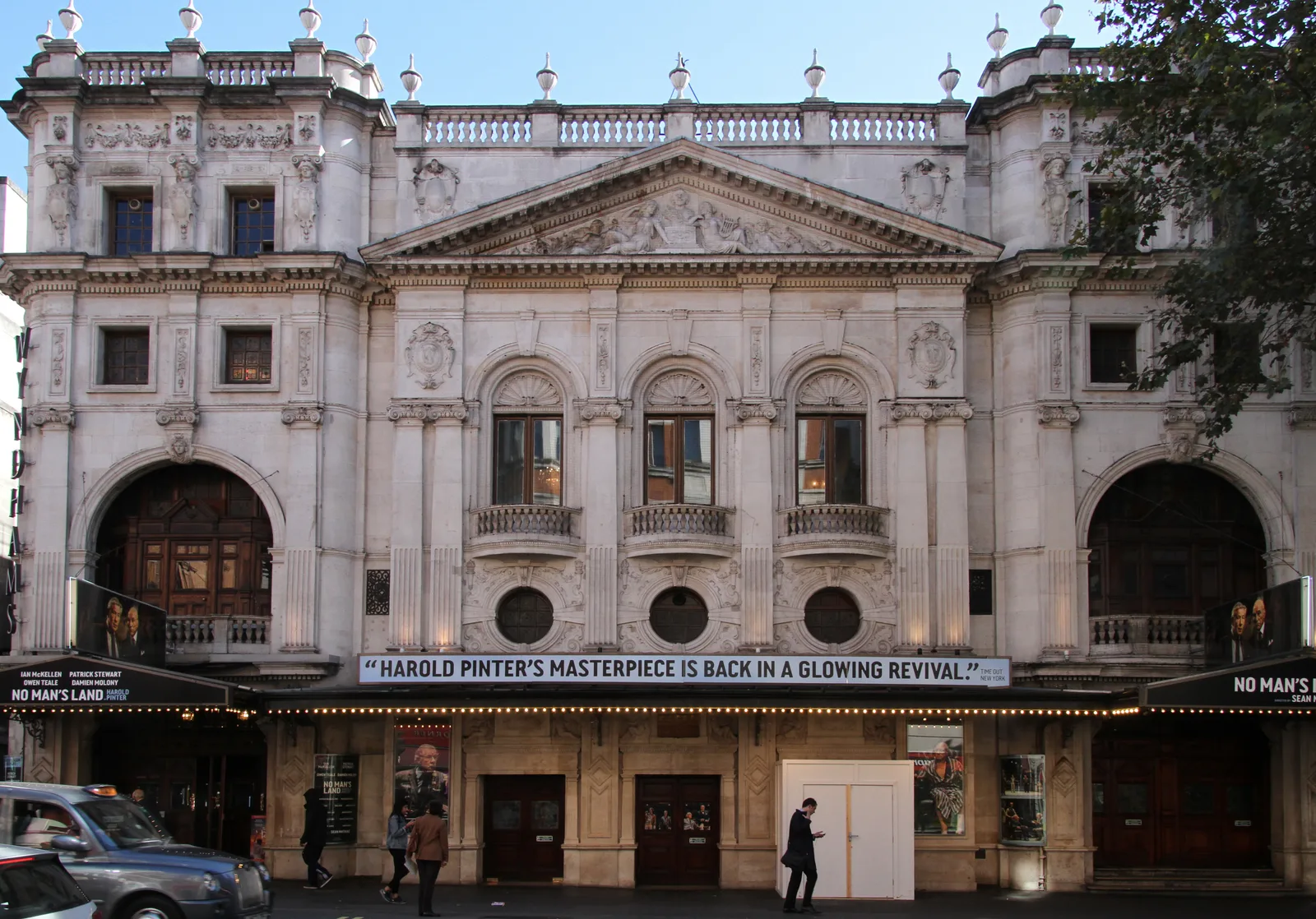 The front of Wyndham's Theatre in London with a No Man's Land banner above the entrance.
