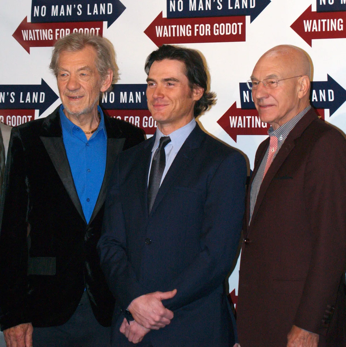 Ian McKellen, Billy Crudup and Patrick Stewart standing together at a New York press event for Waiting for Godot and No Man's Land.
