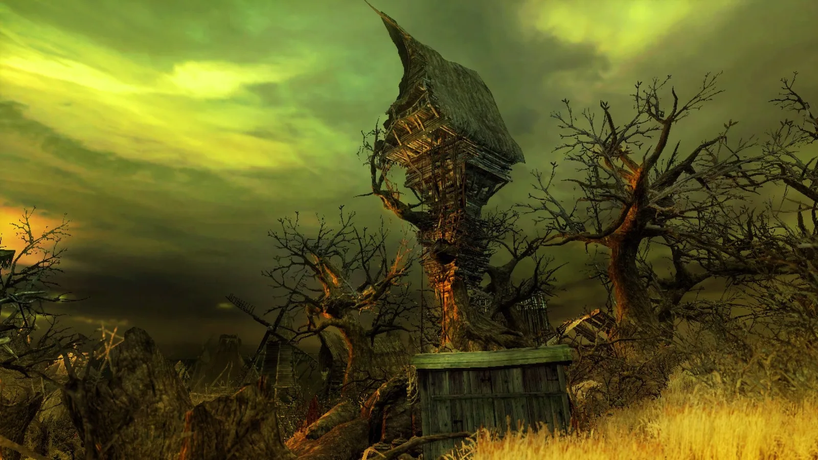 Official Castlevania: Lords of Shadow screenshot of a gnarled tree-house in a blighted landscape.