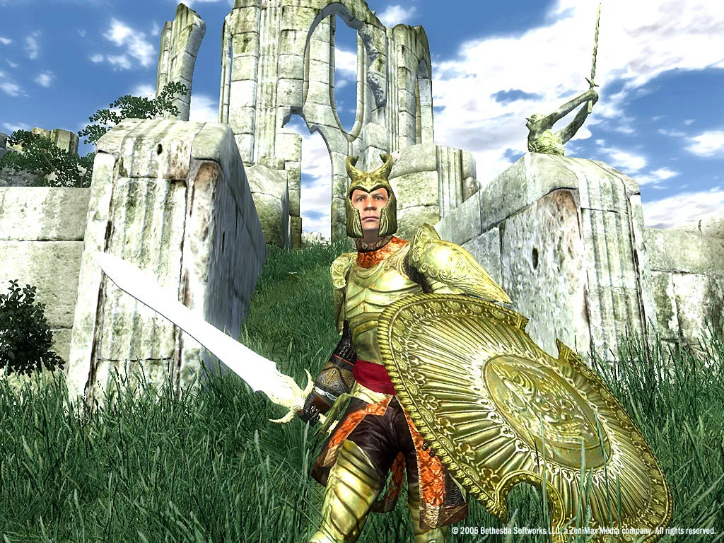 Official Oblivion screenshot of an armored warrior with a sword and shield in front of ruins.