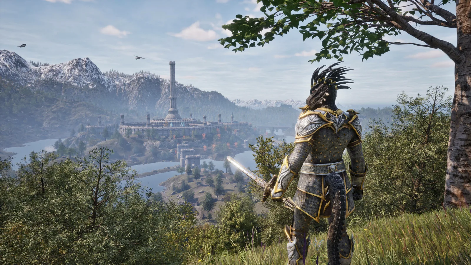 Official screenshot from The Elder Scrolls IV: Oblivion Remastered showing an armored hero looking toward the White-Gold Tower and the Imperial City.