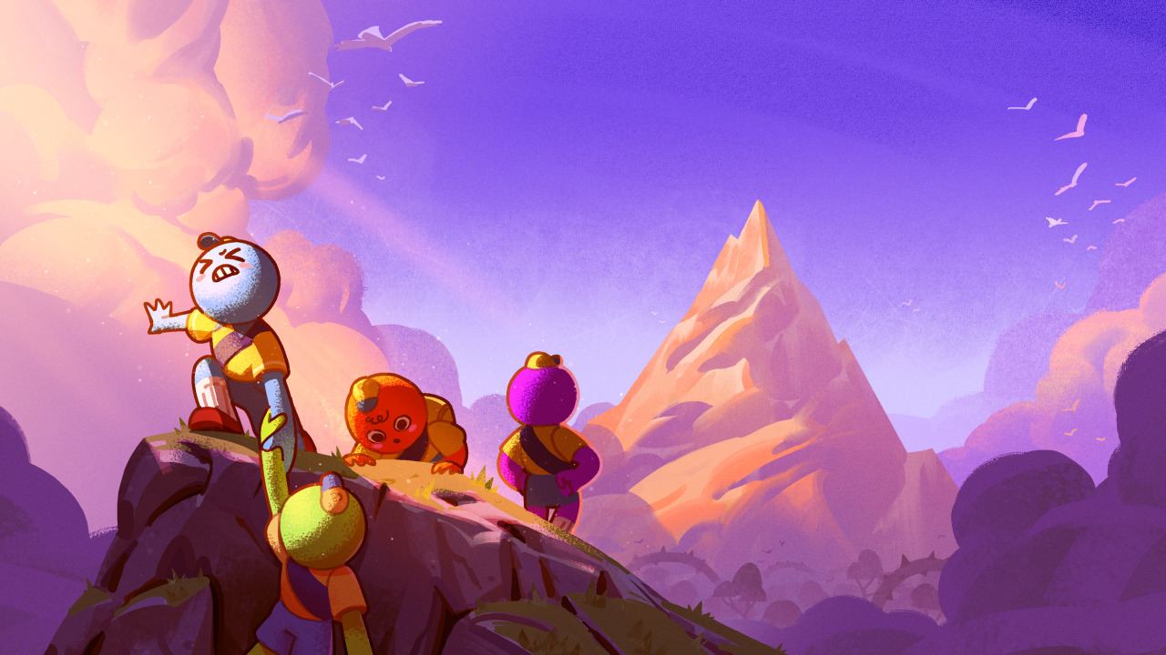 Four colorful PEAK scouts rest on a rocky mountain ridge at sunset in the game’s official key art.