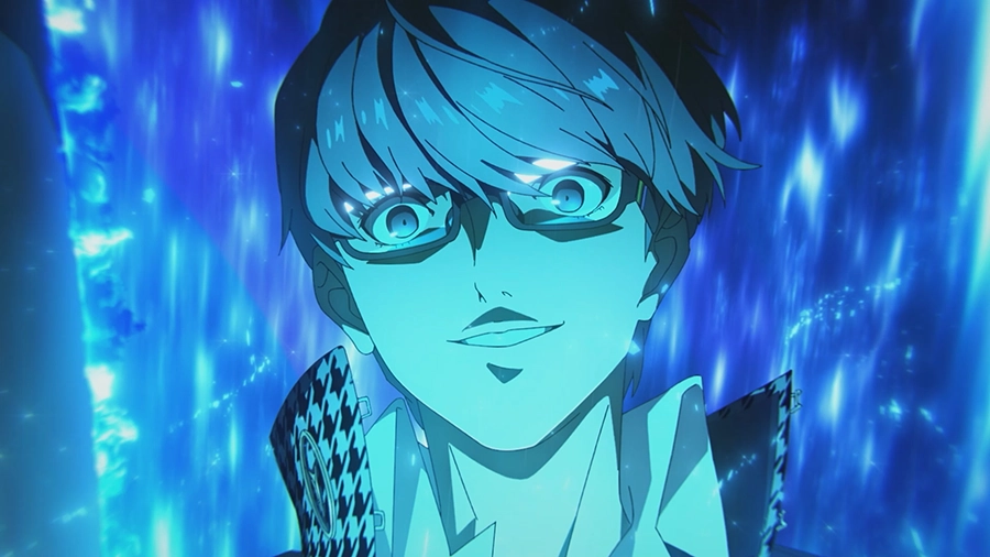 The Persona 4 Revival protagonist in a blue-lit scene.