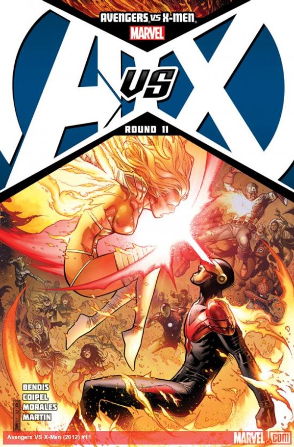 Cover of Avengers vs. X-Men (2012) #11, showing Cyclops confronting Emma Frost as he becomes Dark Phoenix, art by Jim Cheung.