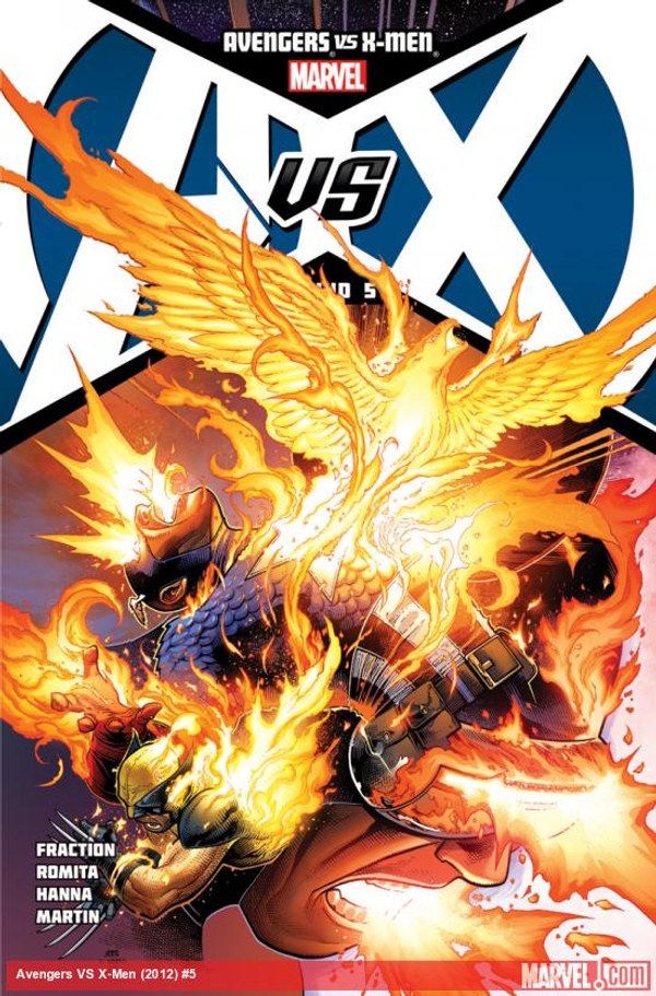 Cover of Avengers vs. X-Men (2012) #5, the issue where the Phoenix Five first appear, art by John Romita Jr.