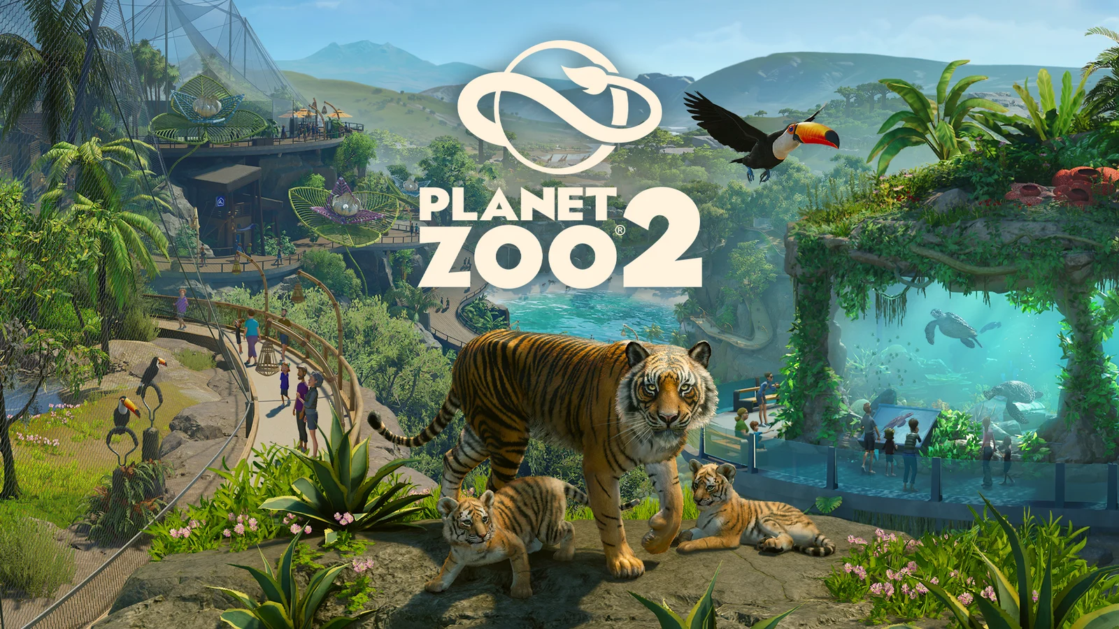 Official Planet Zoo 2 key art shows a tiger family, flying toucan, aviary and underwater turtle habitat.