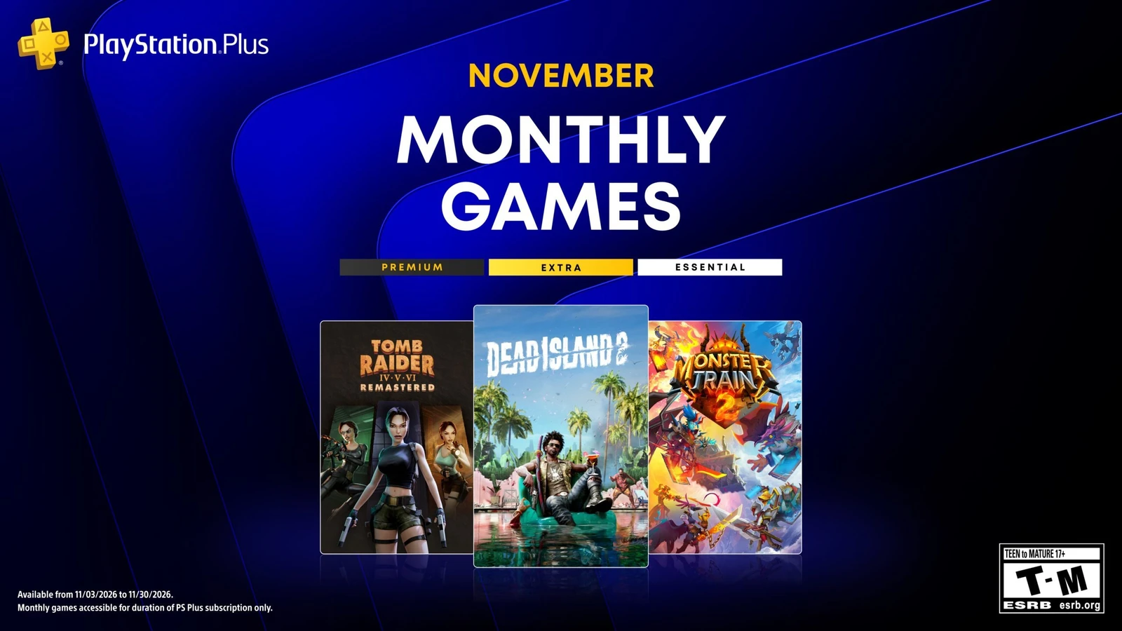 Sony’s November 2026 PlayStation Plus artwork shows Dead Island 2, Tomb Raider IV–VI Remastered and Monster Train 2.