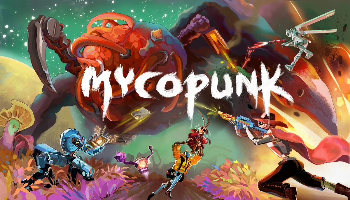 Official Mycopunk key art showing armed robots fighting fungal creatures beneath the game’s logo.