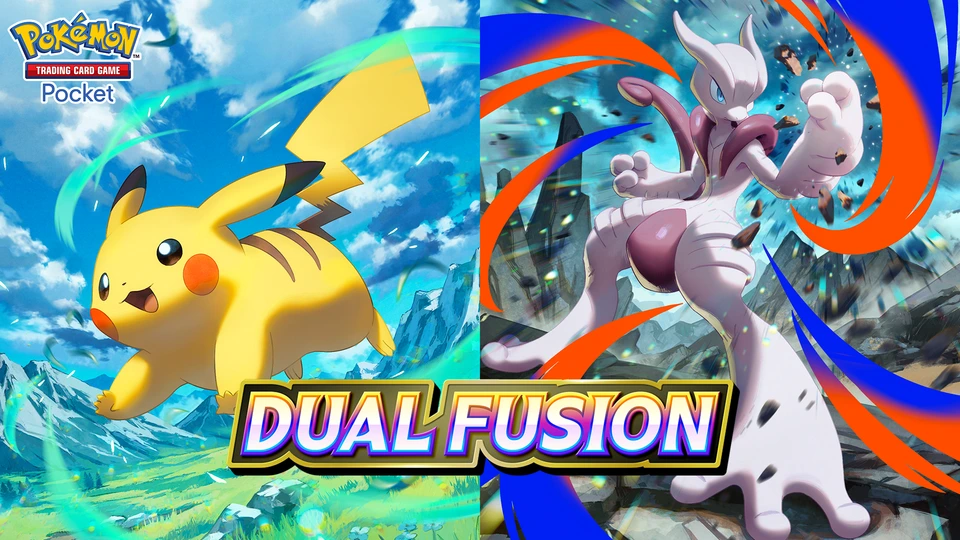 Official Pokémon TCG Pocket Dual Fusion artwork showing Pikachu on the left and Mega Mewtwo X on the right with the expansion title.