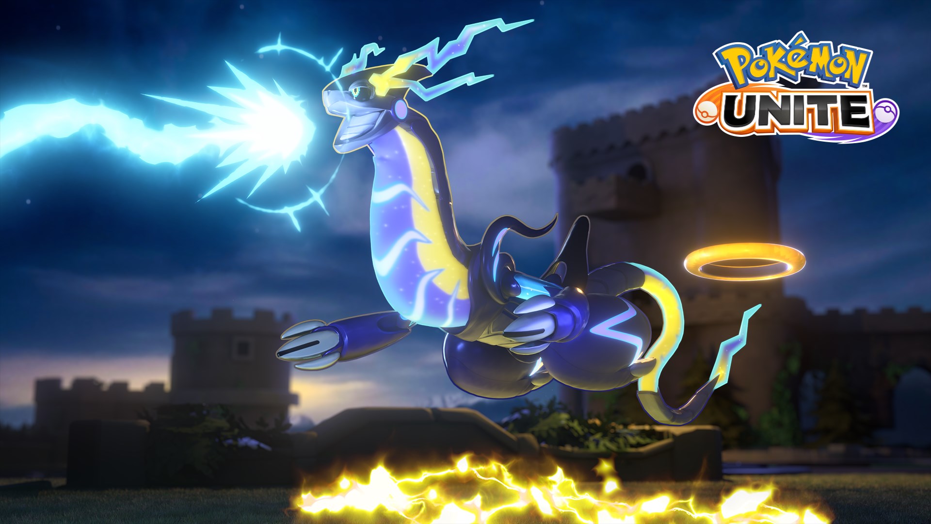 Miraidon fires a glowing electric attack in official Pokémon UNITE artwork, with the game's logo in the upper right.