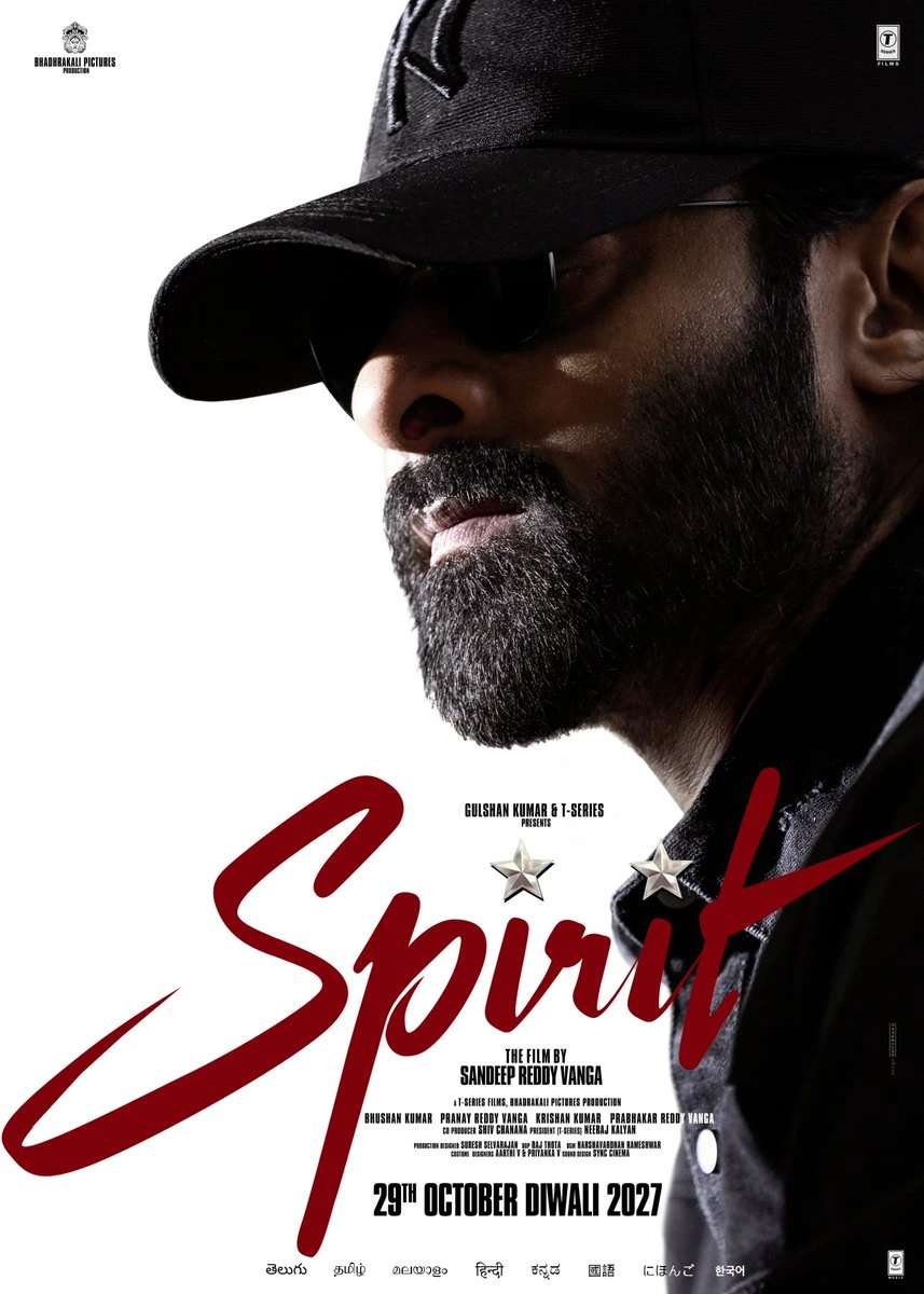 Prabhas wears a dark cap and sunglasses in the official Spirit poster announcing October 29, Diwali 2027.