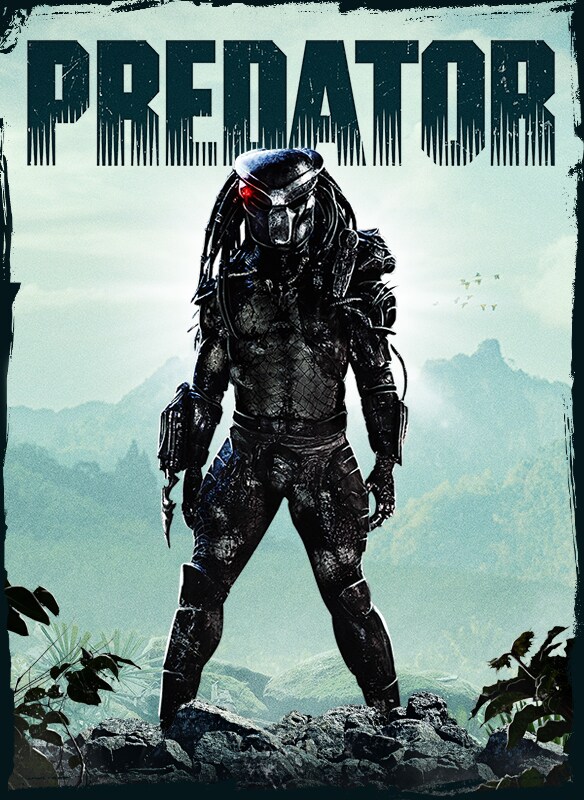 Official Predator poster showing the alien hunter standing in a jungle clearing.