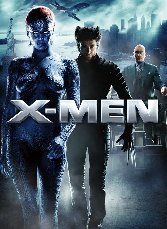 Poster for X-Men (2000) featuring Mystique and Wolverine in the foreground and Professor X in his wheelchair in the background.
