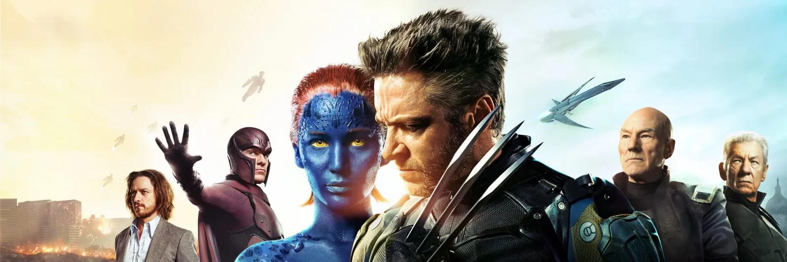 Official banner art for X-Men: Days of Future Past showing the ensemble cast, including both the older and younger Charles Xavier.