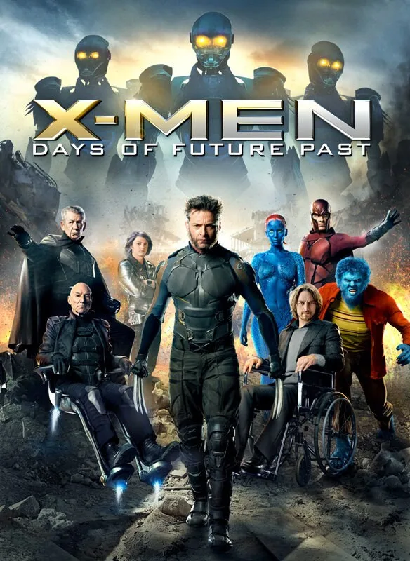 Poster for X-Men: Days of Future Past showing the ensemble cast, with the older Charles Xavier in a hover-chair at lower left.