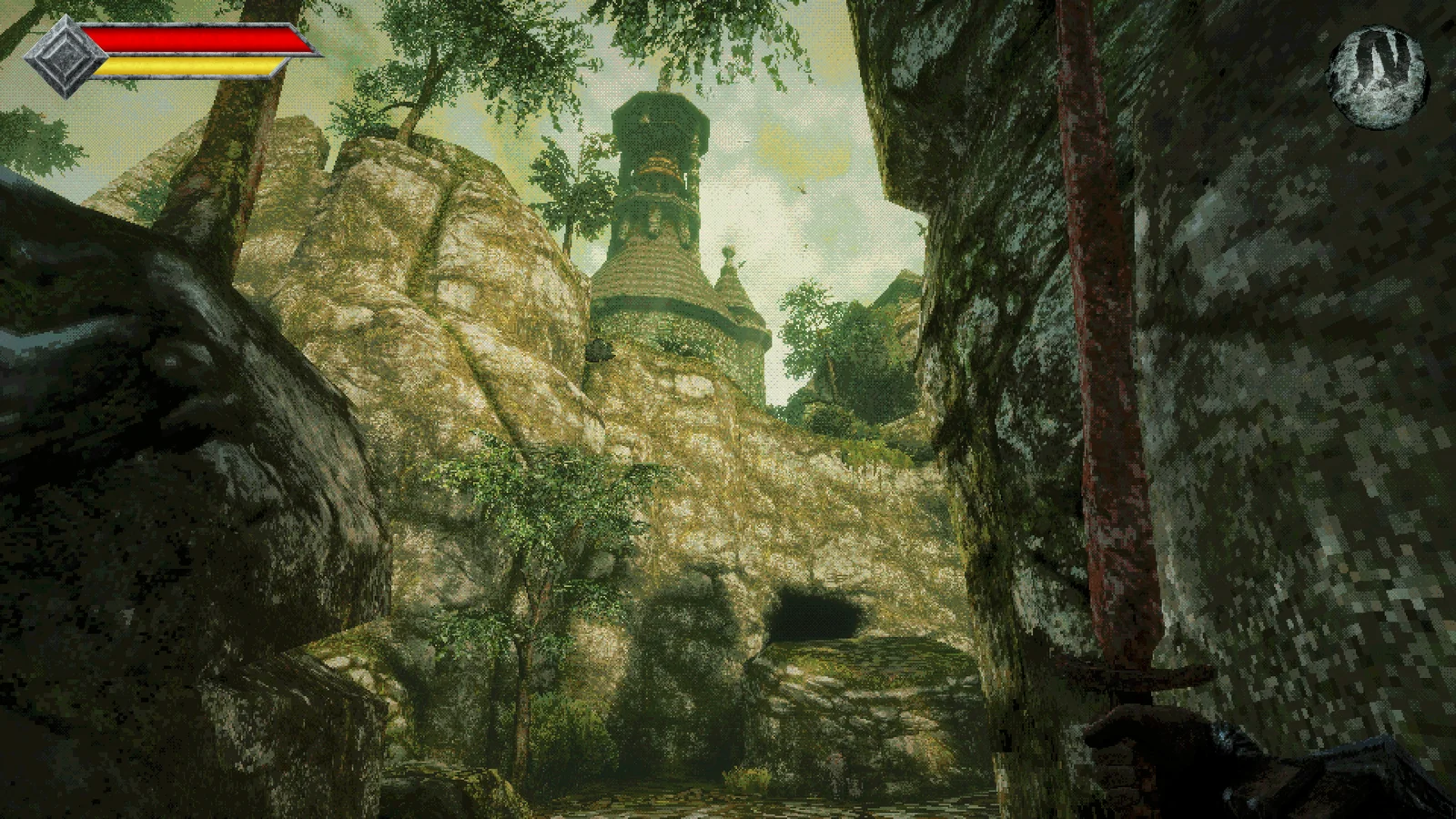 A sword and shield frame a first-person view of rocky ruins and a tower in Queen's Domain.