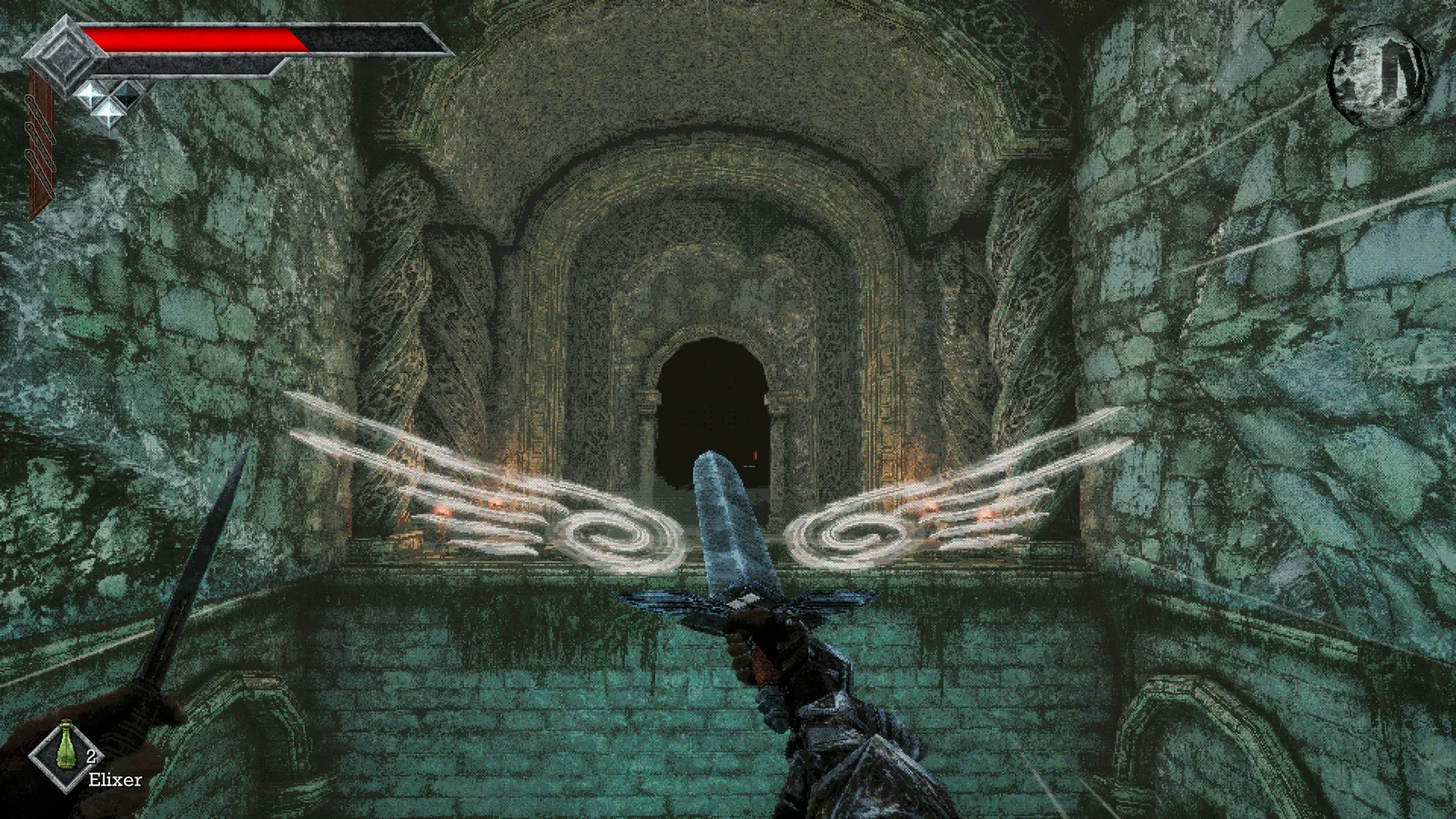 A wing-shaped sword hilt points toward a dark stone doorway in an official Queen's Domain gameplay screenshot.