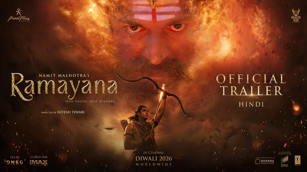 Official Ramayana trailer artwork shows Rama raising a bow beneath Ravana's face, with Prime Focus Studios and Monster Mind Creations logos.