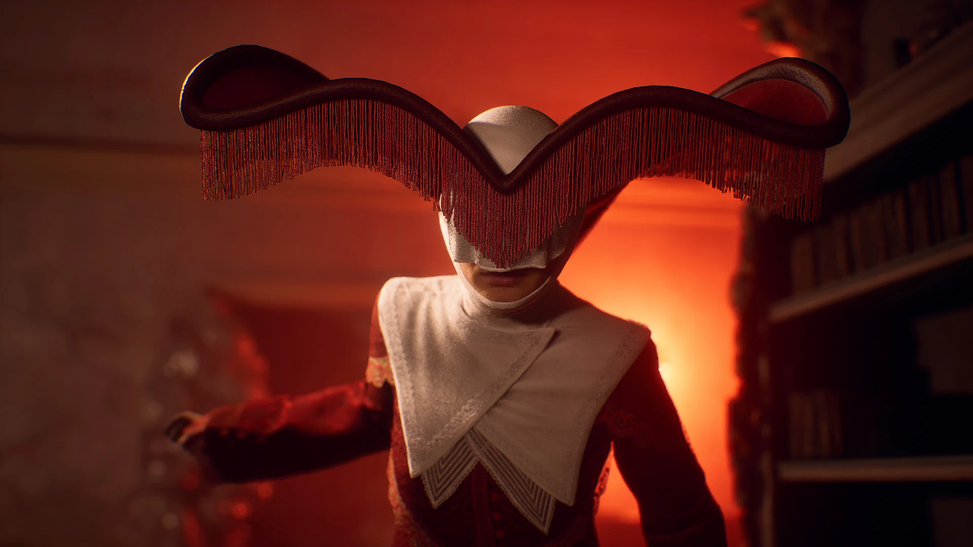 The Red Nun wearing a wide red headdress and white veil in an official Remothered: Red Nun's Legacy screenshot.