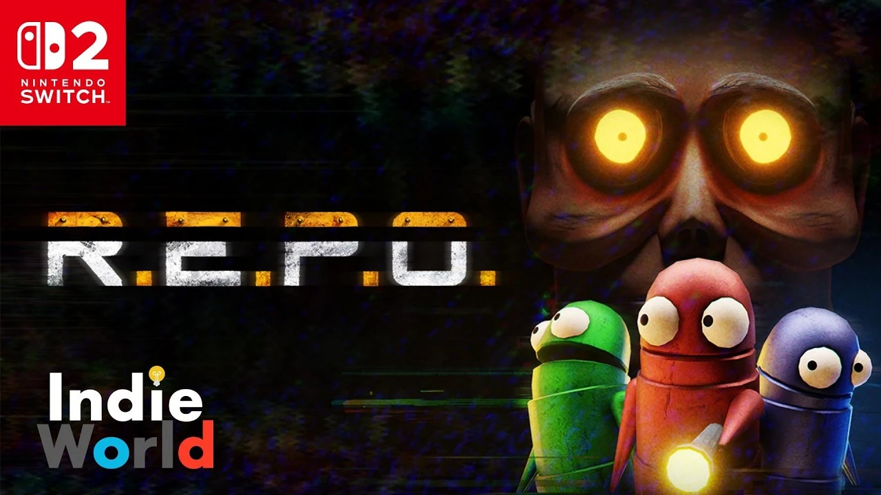 Three colourful R.E.P.O. semibots stand in front of a glowing-eyed monster in Nintendo’s official Switch 2 announcement artwork.
