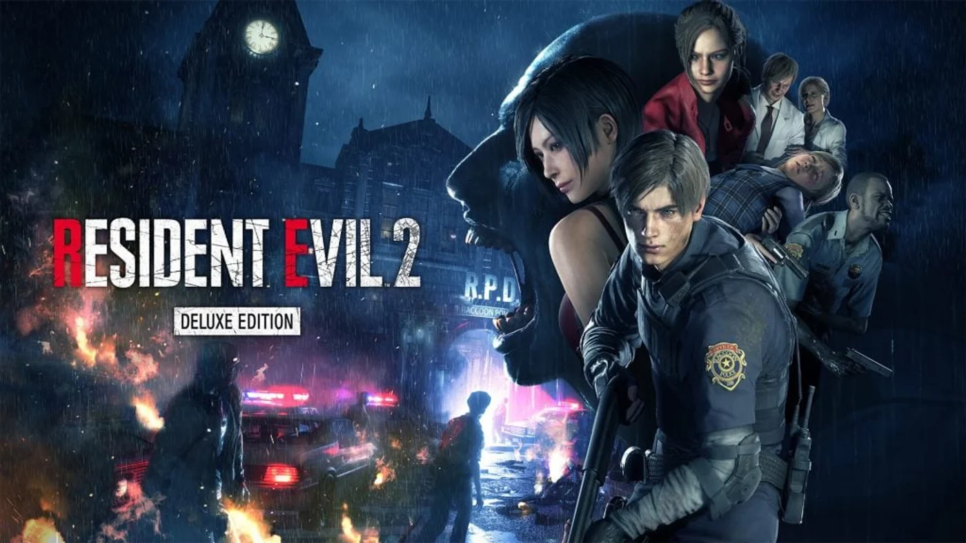 Official key art for Resident Evil 2 Deluxe Edition on Nintendo Switch 2, showing Leon Kennedy and Claire Redfield.
