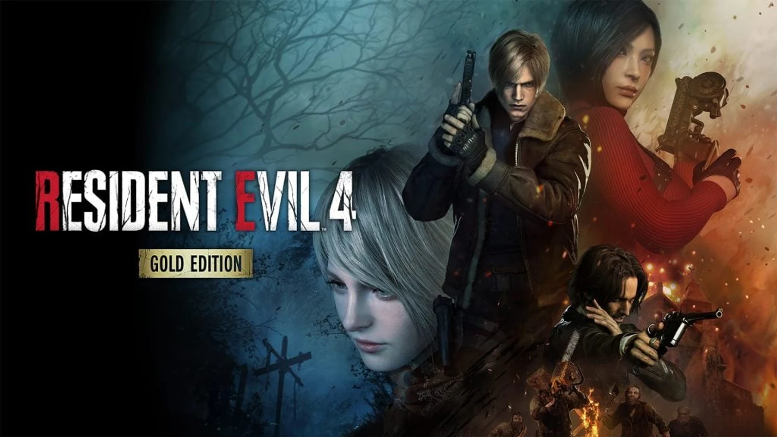 Official key art for Resident Evil 4 Gold Edition on Nintendo Switch 2, showing Leon Kennedy, Ada Wong, Luis Serra and Ashley Graham.