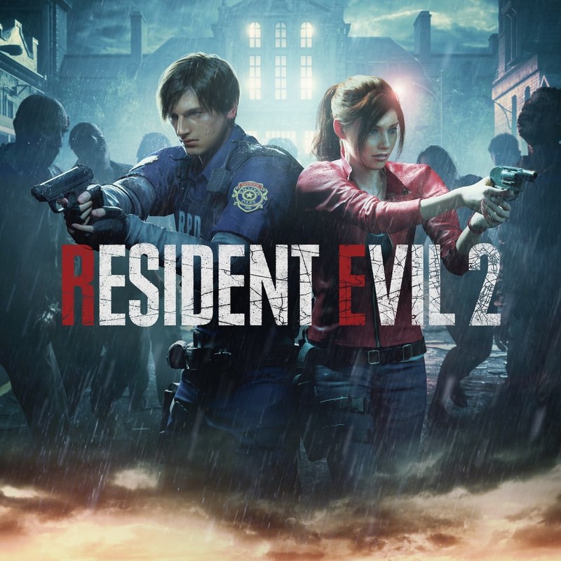 Official key art for the Resident Evil 2 (2019) remake, showing Leon Kennedy and Claire Redfield.