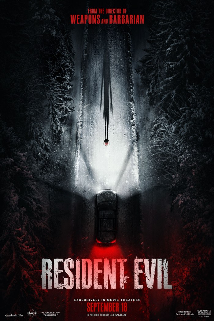 Official theatrical poster for Zach Cregger's Resident Evil (2026), showing a car driving down a snowy forest road.
