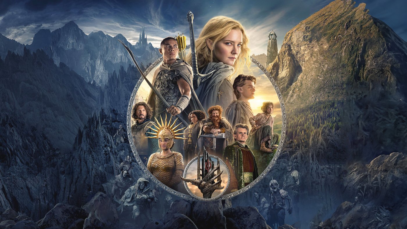 Key art for The Lord of the Rings: The Rings of Power showing Galadriel and the Season 1 ensemble.