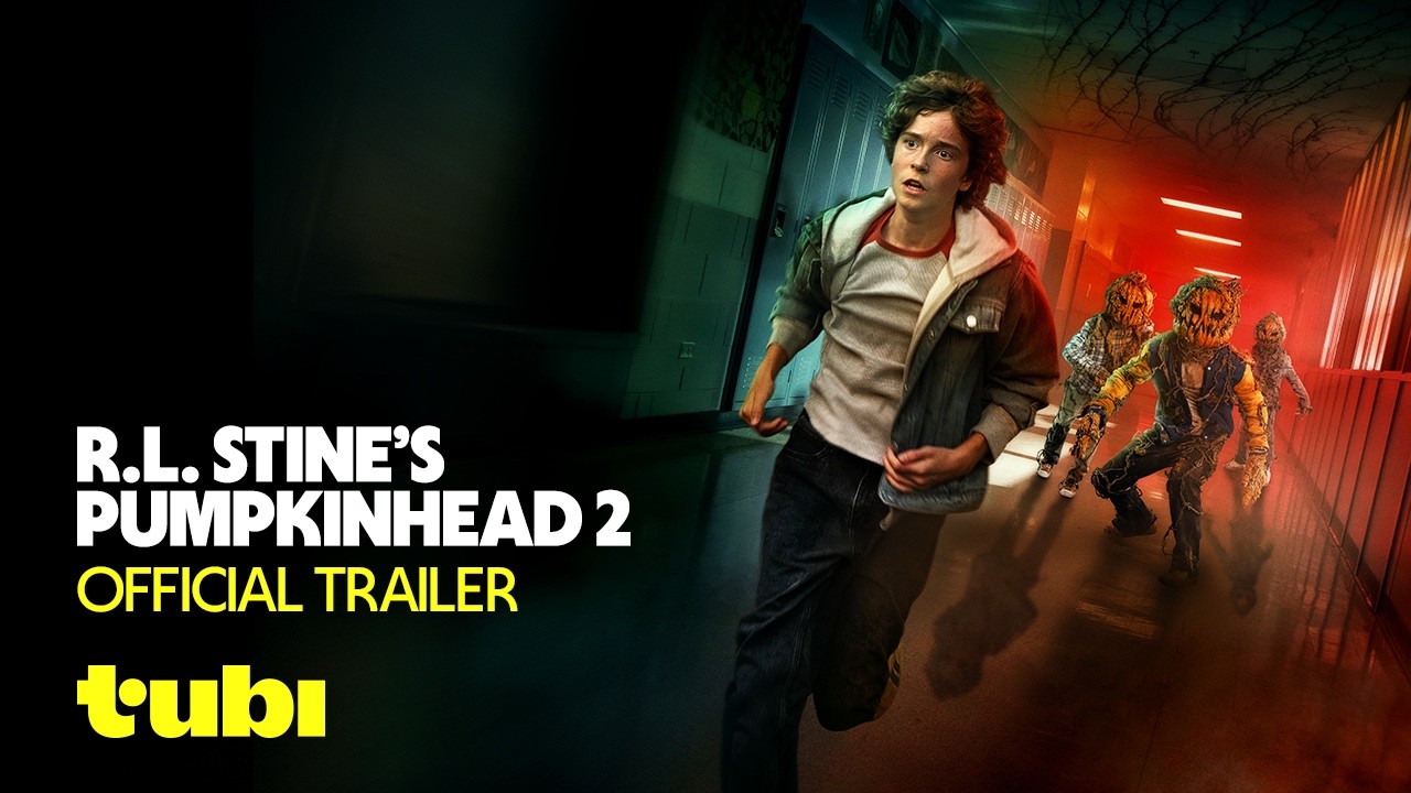 Sam runs through a school hallway from pumpkin-headed creatures in Tubi's Pumpkinhead 2 trailer artwork