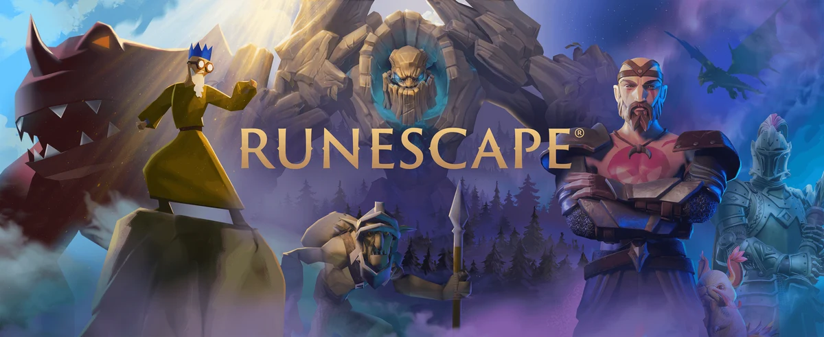 Official RuneScape game artwork showing fantasy characters, creatures and a dragon around the RuneScape logo.